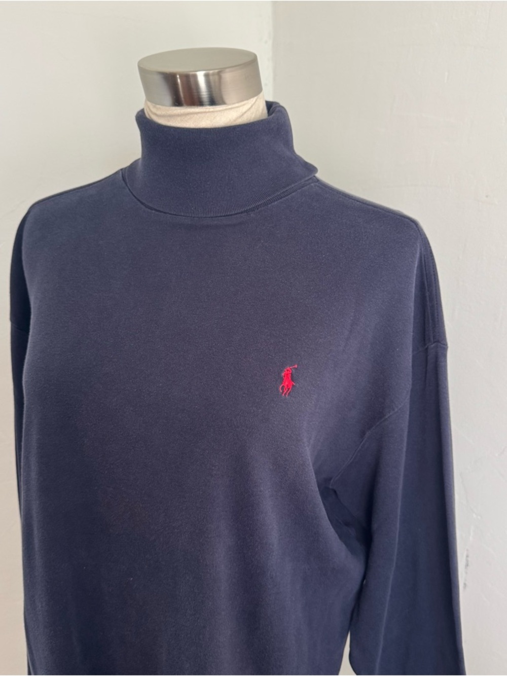 Vintage Ralph Lauren Navy Turtleneck Cotton Tee with Red Pony Embroidery